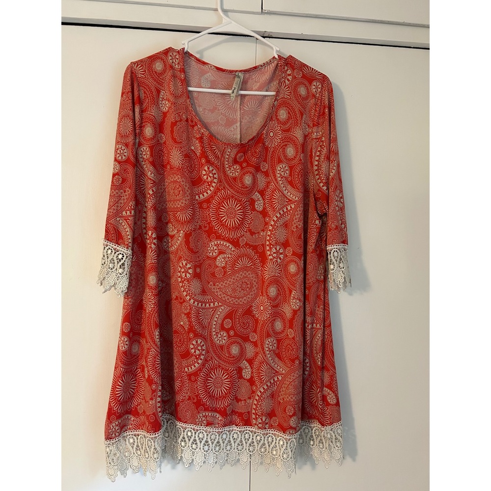 Moa Moa Womens Red Paisley Print Crochet Lace Trim 3/4 Sleeve Tunic Top Boho XL